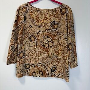 Talbots Petites Womens Large Brown Paisley Boat Neck 3/4 Sleeve Cotton Top L P
